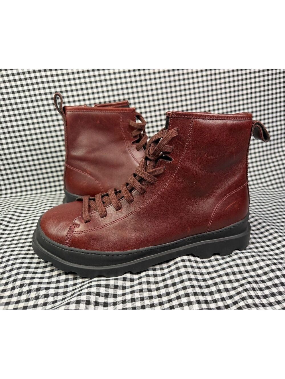Camper Brutus Boots Men 9 EU 42 Burgundy Leather Lace Up Side Zip Lug Sole